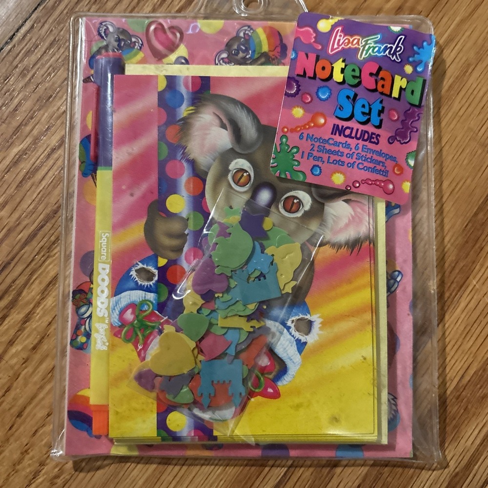 Vintage NOS Lisa Frank Notecard Set Rainbow KOALA BEAR PUFFINS Stickers Confetti